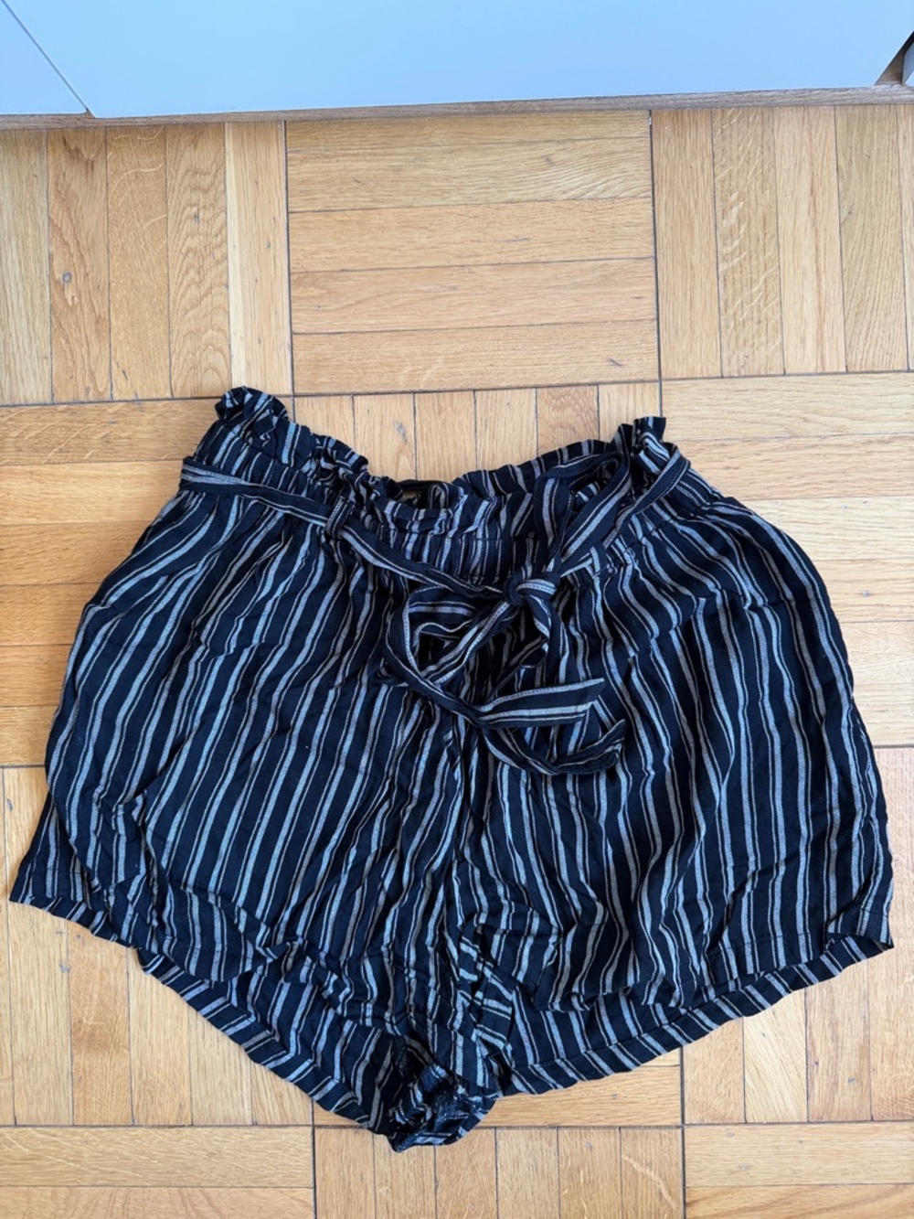 Striped Black Paperbag Elastic Waist Women's Shorts with Tie